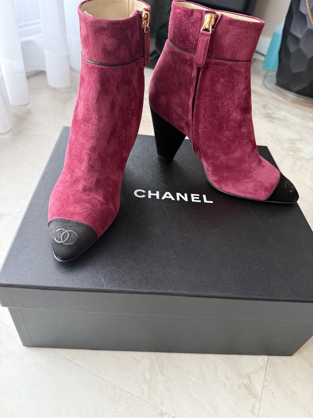 CHANEL Plum Suede Ankle Boots with Black Cap Toe